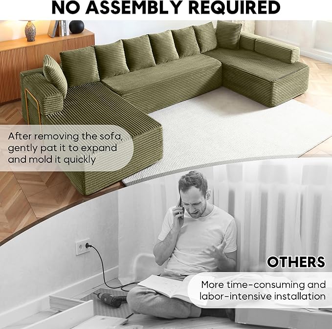 Oversized Cloud Boneless Couch with Chaise 145 Modern U Shape Modular Deep Seat Sectional Sofa Comfy Corduroy Upholstered Couches for Living Room No Assembly Required Green