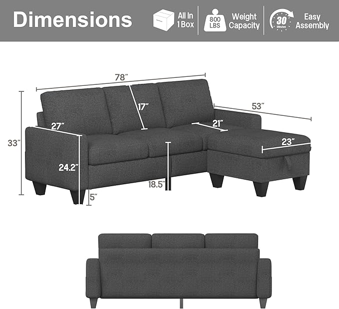78'' Convertible Sectional Sofa Couch: Dark Grey 3 Seat L-Shaped Sofa Couches with Storage Ottoman and Pockets - Modern Linen Upholstered Sofa Couch Sets for Living Room Office Apartment Small Space