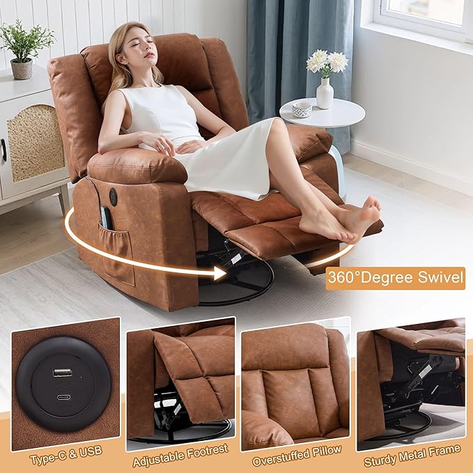 Rocker Recliner Glider Recliner Chairs for Adults 360° Swivel Rocking Chair with Massage and Heating Nursery Chair with Storage and USB Charging for Living Room Bedroom Nursery