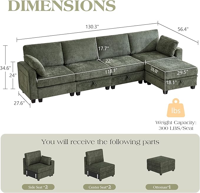 TUNYI 130 Sectional Couch with Storage Oversized Chenille Modular Sectional Sofa for Living Room Convertible Deep Seat Sofa Couches with Ottoman Armrest Pillow (Green)