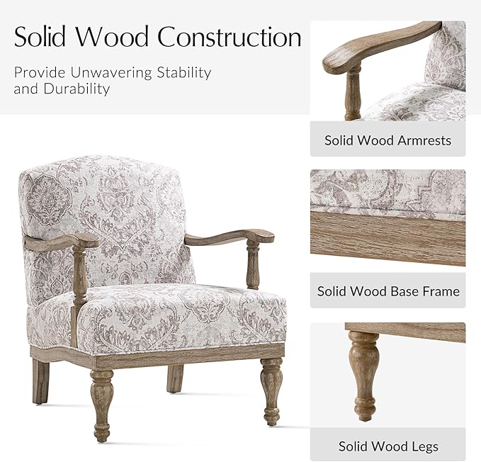 HULALA HOME Floral Accent Chair Set of 2 with Solid Wood Spindle Legs and Arms Upholstered Fabric Armchair with Solid Wood Base Patterned Wingback Chair for Farmhouse Living Room Bedroom Beige