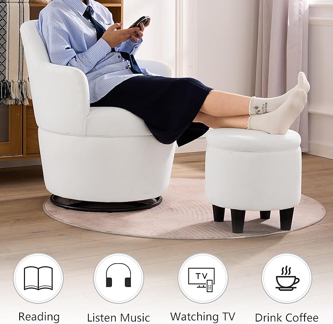 Swivel Accent Chair with Ottoman Fabric Small Barrel Chair with Footstool Modern Round Bedroom Chair for Living Room Beige