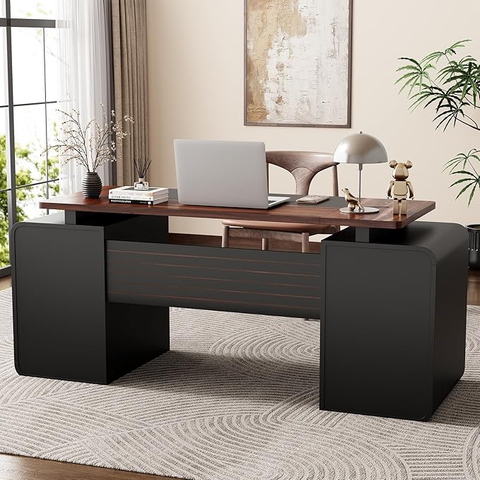 63-Inch Home Office Desk with 3 Drawers and Storage Cabinet Modern Farmhouse Executive Desks with 2 Tone Desktop and Privacy Panel for Living Room Bedroom Small Space Black &amp Walnut