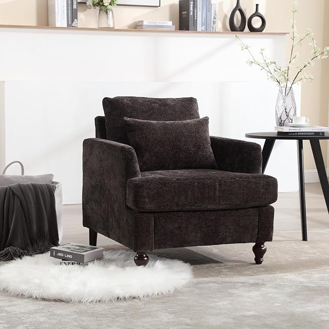 Mid Century Modern Linen Fabric Accent Chair for Living Room Bedroom Guest Room Office Apartment Waiting Room Furniture Upholstered Armchair Reading Accent Chairs (Black)