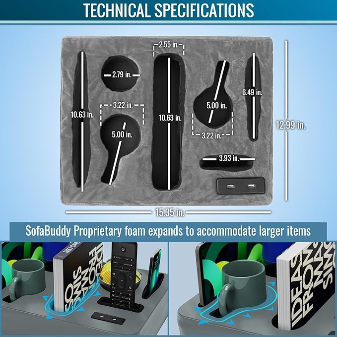 Couch Cup Holder &amp Organizer with USB Charging Ports – Sofa Caddy for Drinks Remotes Snacks &amp More – Perfect Couch Accessory with Anti-Slip Design