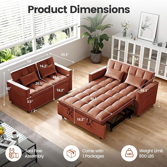 3 in 1 Convertible Sofa Bed Velvet Fabric Loveseat Sleeper Couch Modern Pull Out Couch with Side Pockets Sleeper Sofa Bed with Adjustable Backrest for Living Room Camel
