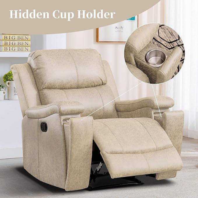 EBELLO Recliner Chair Single Overstuffed Sofa Recliner Breathable Faux Leather Manual Reclining Chairs with Hidden Cup Holder Arm and Back for Adults Living Room Bedroom Beige