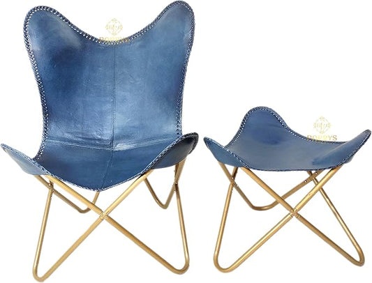 PLW Handmade Blue Buffalo Leather Butterfly Chair – Folding Iron Frame Vintage Accent Lounge Chair for Living Room Bedroom Home Décor