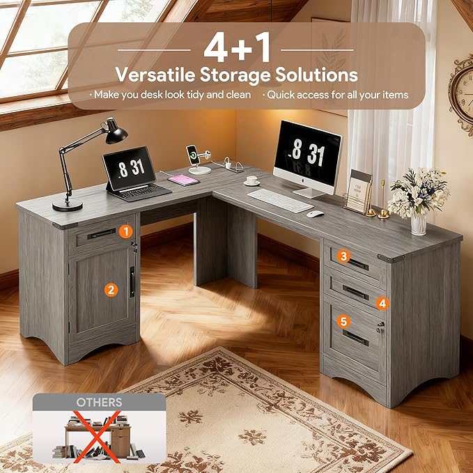 L Shaped Farmhouse Executive Desk with Drawers 67 Home Office Desks with Fast Charging Station Lockable File Cabinet Wood Writing Computer Desk for Work Study Grey