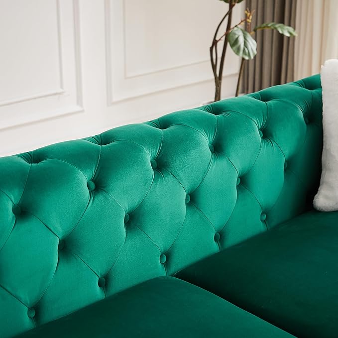 KEIKI 61 Luxury Oversized Velvet Chesterfield Sofa with 2 Pillows Mid-Century Style 2-Seater Tufted Buttons Couch with High-Density Foam Cushions Easy Assembly for Apartment Living Room Green