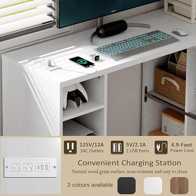 White L-Shaped Computer Desk Table with Charging Station–Small Study Writing Desk with Backless Storage Shelves 67” Bedroom Side Table &amp 360°Rotating Desk