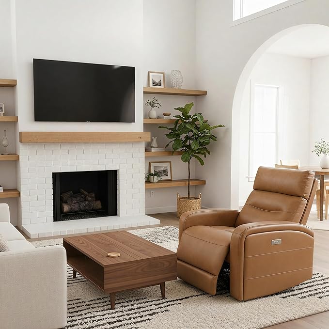 Watson &amp Whitely Swivel Power Recliner Glider Rocker Small Recliner with Charging Port for Living Room Faux Leather in Camel