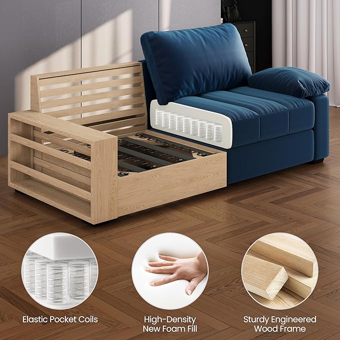 Yaheetech 79 Velvet Futon Sofa with Storage Pockets &amp USB Ports Removable Armrest Pillow &amp Cover Modern Comfy Loveseat Couch for Living Room Apartment Bedroom Blue