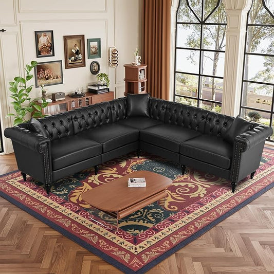 99.4 X 99.4 L Shaped Couch Faux Leather Sectional Couch with Three Pillows Chesterfield L Shaped Sofa 5 Seat PU Leather Sectional Couches for Living Room Black