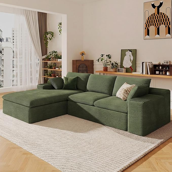107 Cloud Sectional Couch with L-Shape Chaise Modern Corduroy Viral Boneless Sofa for Living RoomMemory Foam Couches in a Box with Deep SeatNo Assembly Required (GreenLeft-Facing Chaise)