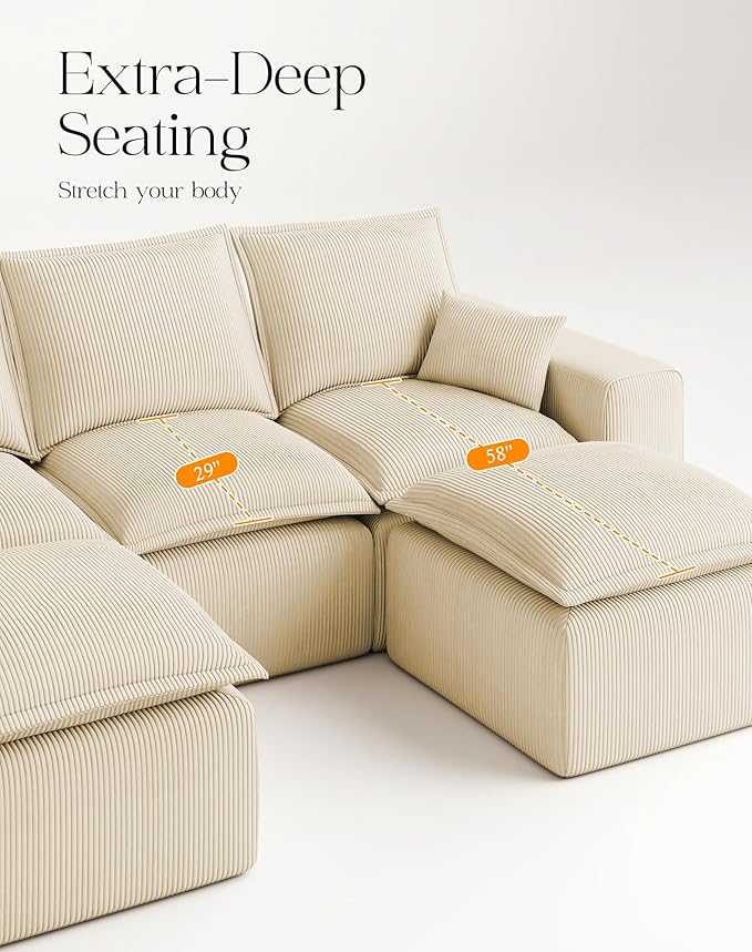107 Comfy Cloud Couch with U-Shape Chaise &amp Deep Seat Modular Sectional Sofa in a Box Boneless Upholstered Couches for Living Room No Assembly Required (Soft Corduroy Beige)