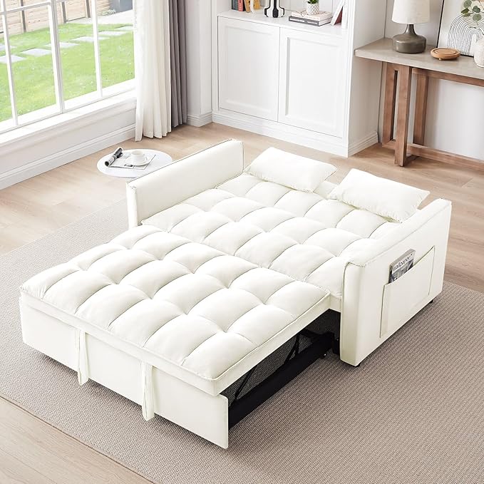 3 in 1 Convertible Sleeper Sofa BedFuton Loveseat Couch with Pull-Out Bed &amp Adjustable BackrestVelvet Fabric Sofa with Side Pocket for Small Apartment Living Room Office (Beige)