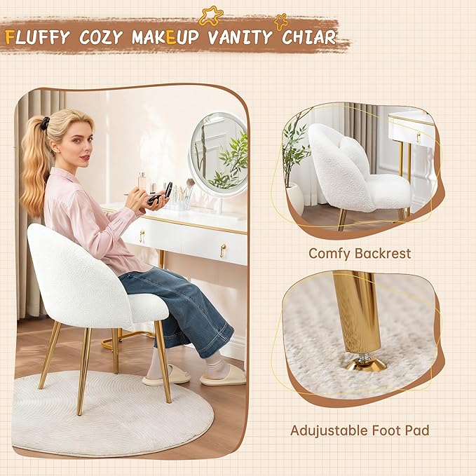 Vanity ChairAccent Makeup Comfy Cute Desk Girls Fluffy Chairs for Bedroom No Wheels Gold Metal Legs Stool (Teddy Beige)