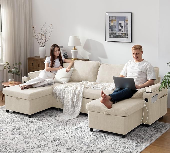 DURASPACE 104.3'' Sleeper Couch Pull Out Sofa Bed 2 in 1 Convertible Sofa Sleeper with Storage U Shaped Sectional Couch Bed for Small Spaces Living Room Bedroom Apartment (Beige)