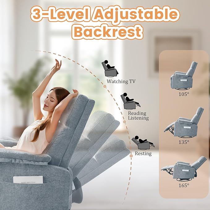 Recliner Chair Swivel Rocking Recliner Chair for Adults Glider Rocking Chair Small Nursery Chair Recliner for Living Room Reclining Chair with Modern-Designed Armrests Chenille Blue