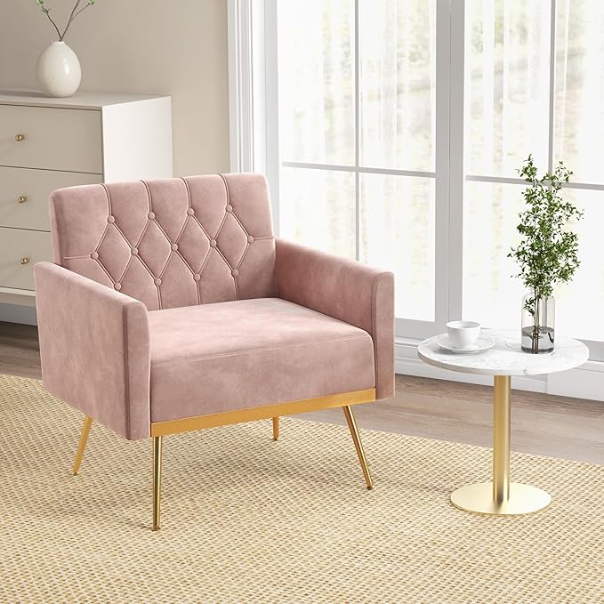 KOMFOTT Velvet Accent Chair Modern Tufted Armchair with Golden Metal Legs &amp Adjustable Foot Pads Upholstered Sofa Reading &amp Living Room Chair Pink