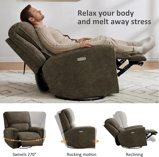 MCombo Power Swivel Rocker Recliner Chair Oversized Power Recliner Chair for Big and Tall People 400lbs Heavy Duty Recliners USB Charge Ports for Living Room Office Fabric OE678 (Brown)