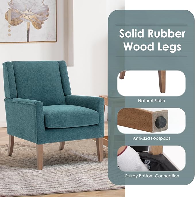 COLAMY Modern Wingback Living Room Chair Upholstered Fabric Accent Armchair Single Sofa Chair with Lounge Seat and Wood Legs for Bedroom/Office/Reading Spaces Teal