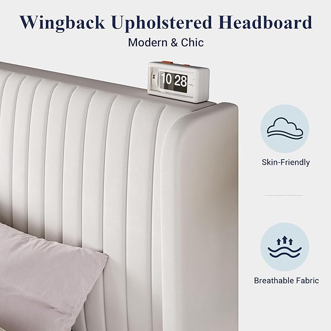 Allewie Full Size Velvet Bed Frame/Vertical Channel Tufted Wingback Headboard/Upholstered Platform Bed/Strong Wooden Slats/No Box Spring Needed/Easy Assembly/White
