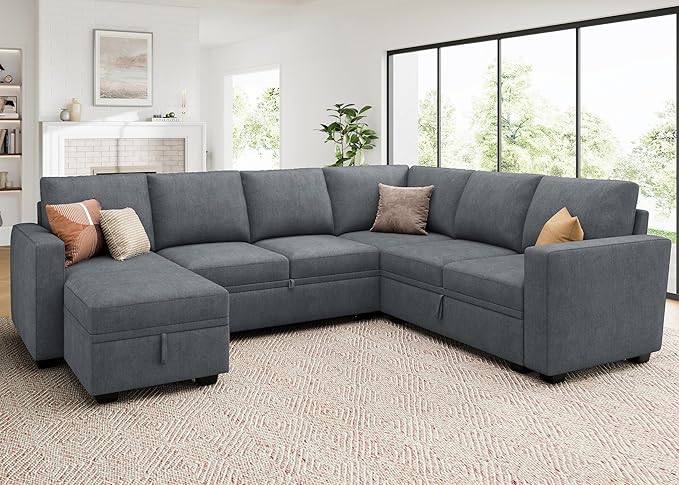 HONBAY Modular Sectional Couch with Pull Out Bed Chenille Sleeper Sofa with Storage Seats Ottoman U Shaped Sectional Couches for Living Room Bluish Grey