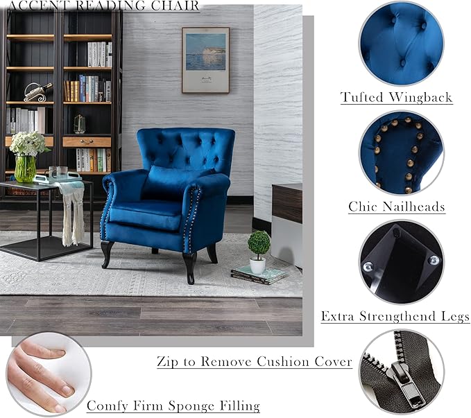 Mid Century Modern Accent Chair Upholstered Armchair Comfy Velvet Fabric Single Sofa with Tufted Wingback for Small Spaces Bedroom Living Room Blue