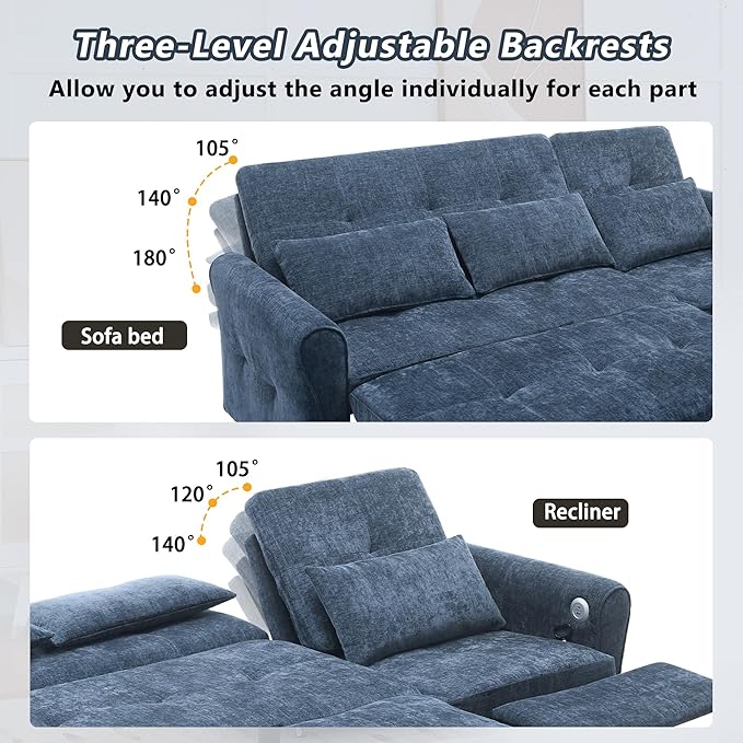 ERYE L-Shaped Reversible Recliner Sectional Sofa Chenille Upholstered Pull Out Convertible Sofabed with Pull Out Sleeper Couch Bed and Recliner Chaise Lounge and USB-C Ports