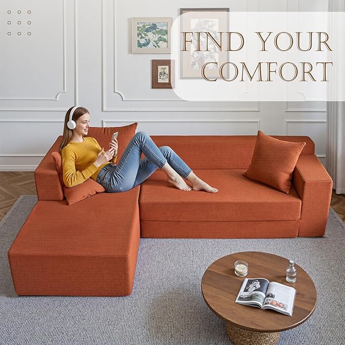 YINIX 2026 New 106 Modular Sectional Sofa High Back Cloud Couch for Living Room Comfy Fluffy Sofa with L-Shaped Chaise Upholstered Boneless Sofa Couches with Deep Seat No Assembly (Orange)