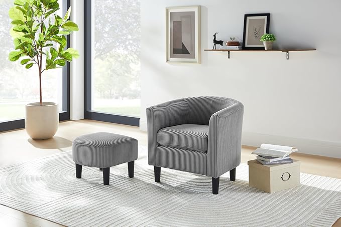 Modern Accent ChairUpholstered Arm Chair Corduroy Single Sofa Chair with Ottoman Foot Rest Comfy Armchair for Living Room Bedroom and OfficeGrey