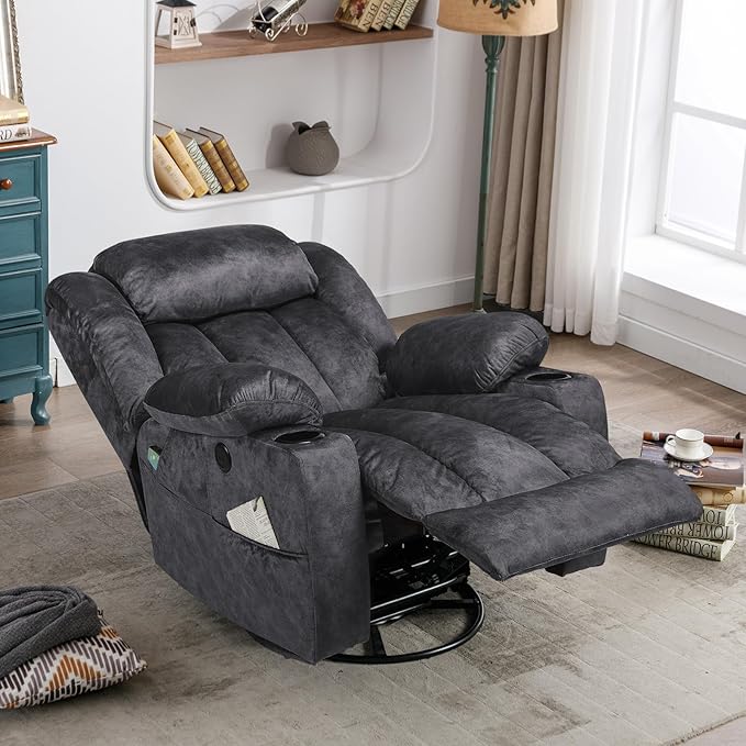 Manual Swivel Glider Rocker Recliner Chair with Heated Massage 360° Swivel Overstuffed Lounge Chair with 2 Cup Holders Side Pockets &amp USB Ports for Living Room Fabric Gray