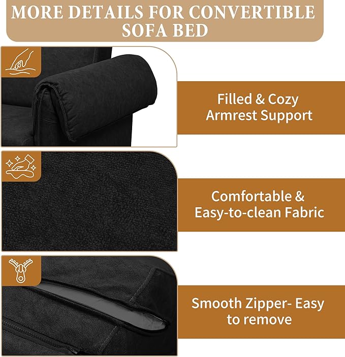 Convertible Sleeper Sofa Bed Pull Out Couch with High-Density Foam Modern Upholstered Loveseat Futon 2-in-1 Full Size Bed for Living Room Apartment Small Space (Black) | Foldable Convertible Bed