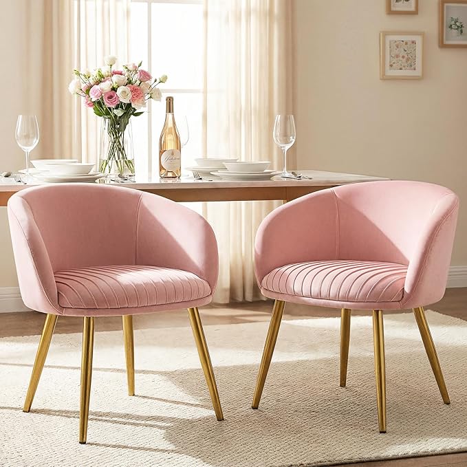 Accent Armchair No Wheels Girls Desk Chair Comfy for Makeup Vanity 20 Extra Wide Cushion Tufted Upholstered Modern Dining Chairs with Gold Metal Legs Bedroom Living Room Home Office Pink