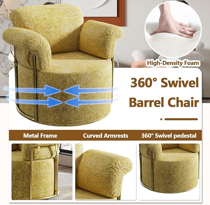 Swivel Accent Chairs for Living Room 360 Swivel Barrel Chair with Arm for Bedroom Upholstered Round Chair &amp Corner Chairs with Gold Frame for Small Spaces Chenille (Yellow)