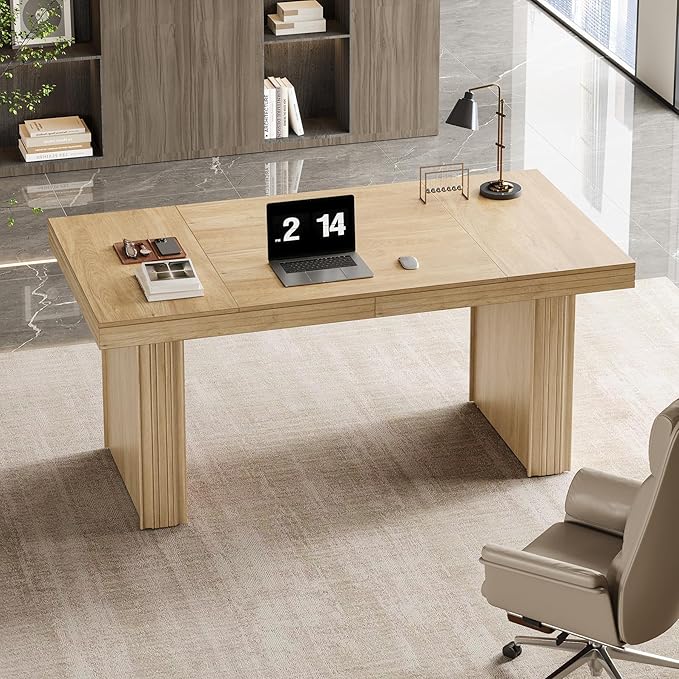 Tribesigns 63 Executive Desk Modern Executive Office Desk with Thickened Desktop and Heavy-Duty Legs Wood Writing Workstation Study Table Conference Table for Office Natural