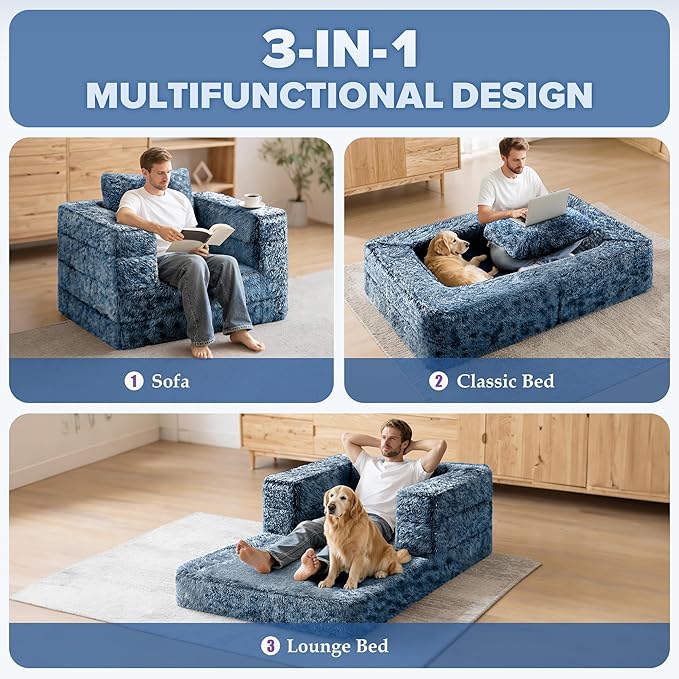 HABUTWAY Convertible Sofa Bed 3-in-1 Futon Sofa Bed with Pillow Foldable Pull Out Floor Sofa Bed with Removable Cover Plush Boneless Couch for Living Room/Bedroom/Dorm