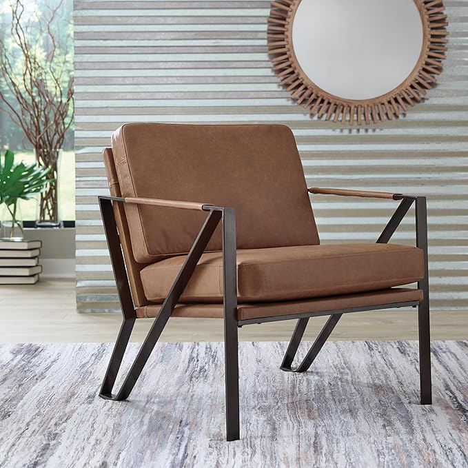 Signature Design by Ashley Garronmont Mid-Century Modern Leather Accent Chair with Metal Frame Light Brown &amp Metallic