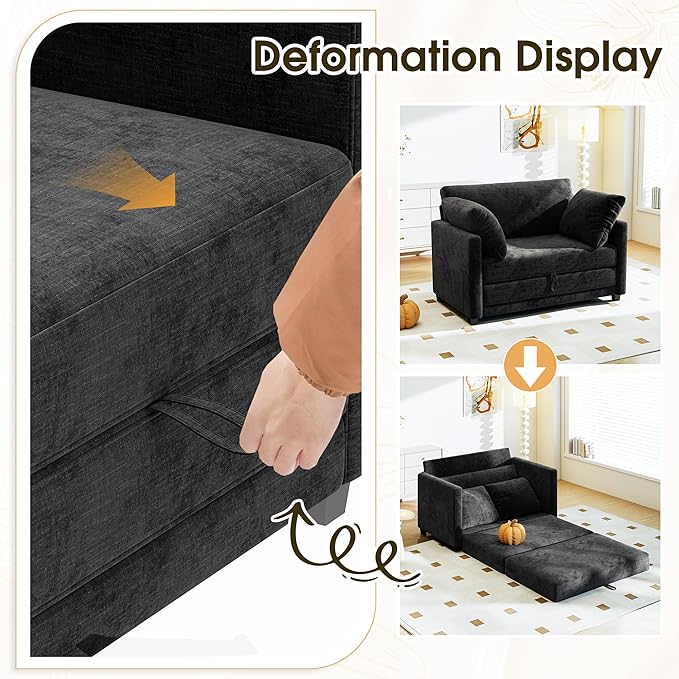 51 Convertible Loveseat Sofa Bed 2-in-1 Folding Sofa Bed with 2 Pillow for Small Spaces Modern Loveseat Sleeper Couch for Apartment Living Room &amp Guest Room (Chenille Black 51 inch)