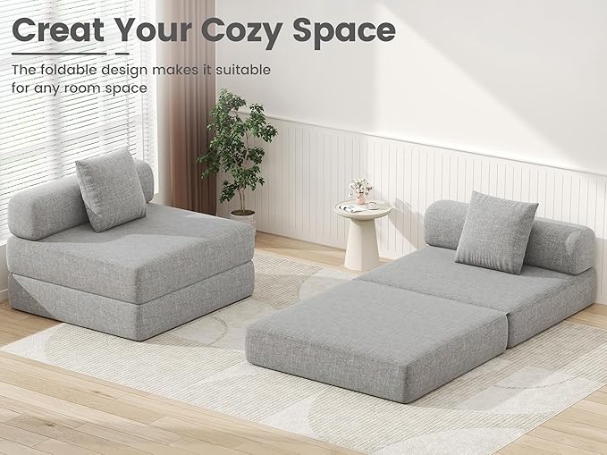 DURASPACE Folding Sleeper Sofa Bed Convertible Foam Floor Mattress Couch Single Boneless Fold Out Lounger Chair Bed for Living Room Bedroom (Chenille Gray)
