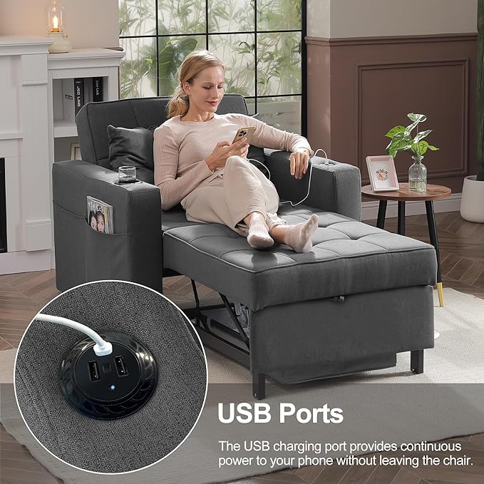 DURASPACE 36.6 Inch Sleeper Chair 3-in-1 Convertible Chair Bed Pull Out Sleeper Beds Adjustable Single Armchair Sofa with USB Ports Side Pocket Cup Holder (Dark Gray Linen)
