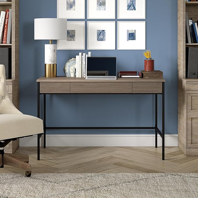 Henn&ampHart 48 Fluted Mid-Century Modern Rectangular Wooden Home Office Desk Computer Desk Writing Table with 3 Ribbed Storage Drawers for Bedroom Living Room or Home Office Weathered Gray