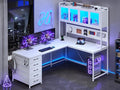 SEDETA L Shaped Gaming Desk with Drawers L Shaped Computer Desk with Hutch and Storage Shelves Gaming Desk with Pegboard Led Lights and Power Outlet Home Office Desk Corner Desk White
