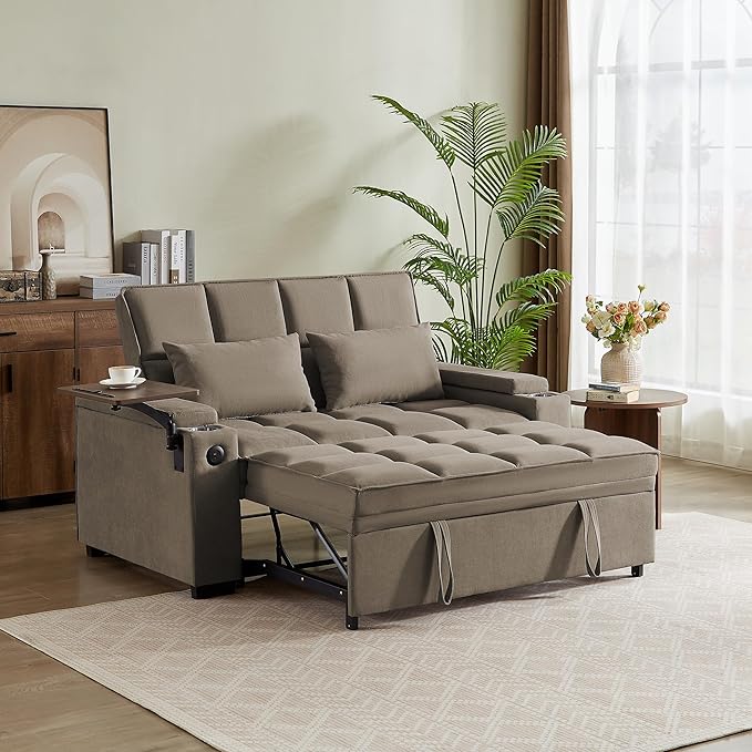 Eafurn Convertible Sleeper Sofa Bed with 360° Swivel Table &amp USB Ports Tufted Chenille Loveseat Pull-Out Couch with Storage Armrest &amp Cup Holders 6-Level Adjustable Backrest