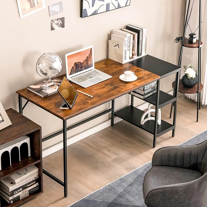 Tangkula 55” Computer Desk Large Home Office Desk with 2-Tier Storage Shelves Modern Laptop PC Desk with Heavy-Duty Steel Frame Multipurpose Writing Desk Study Desk (Rustic Brown)