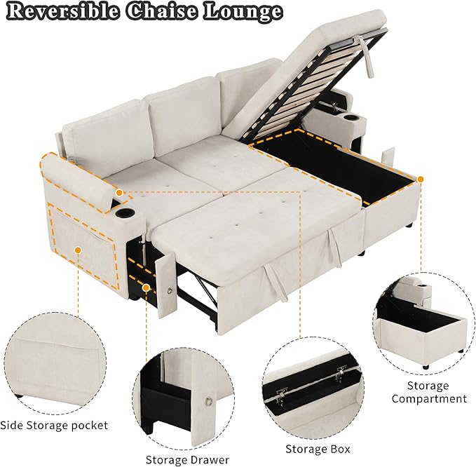 Merax Modern 83.5 L-Shaped Sectional Sofa with Pull-Out Sleeper Bed USB Ports &amp Cup Holders Chenille 3-Seat Couch with Storage Chaise Lounge Side Pocket &amp Drawers for Living Room Beige