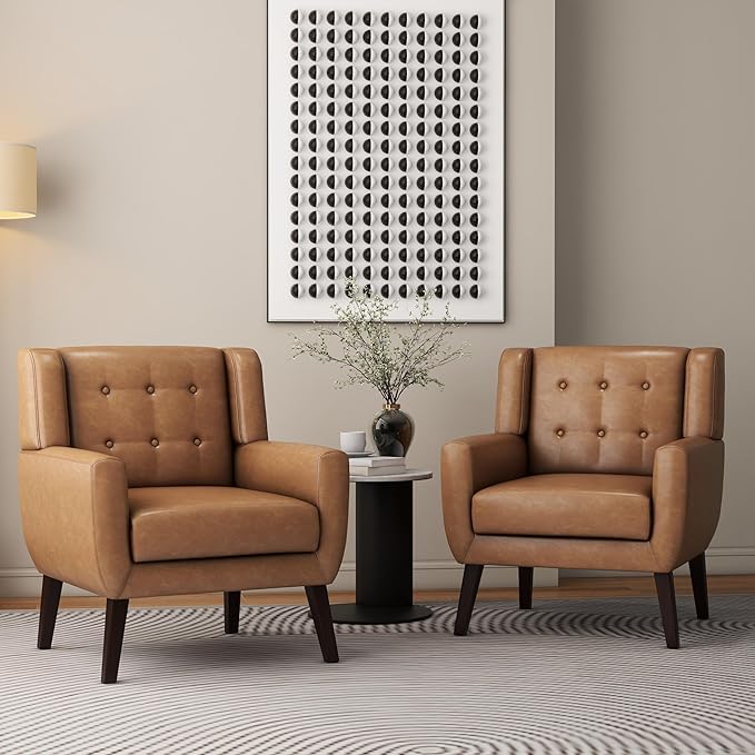 Accent Chair Mid-Century Modern PU Leather Chairs with Arms for Living Room Comfy Upholstered Club Single Sofa Armchair for Bedroom Waiting Room with Solid Wood Frame（Leather Brown Set of 1)