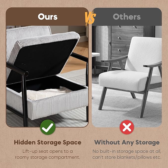 Yoglad Accent Chair with Storage Corduroy Fabric Reading Chair with Wood Frame Mid Century Modern Storage Armchair for Living Room Bedroom Apartment(Antique Grey)